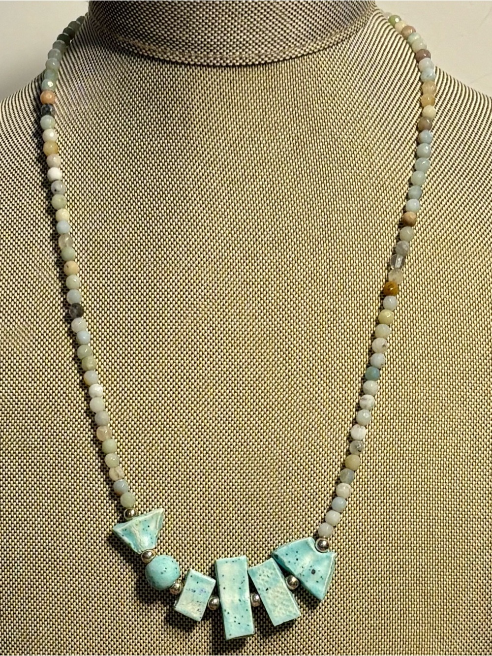 Vintage 925 Sterling Silver Necklace Multi Gemstone Slabs Turquoise Hue Teal 18"